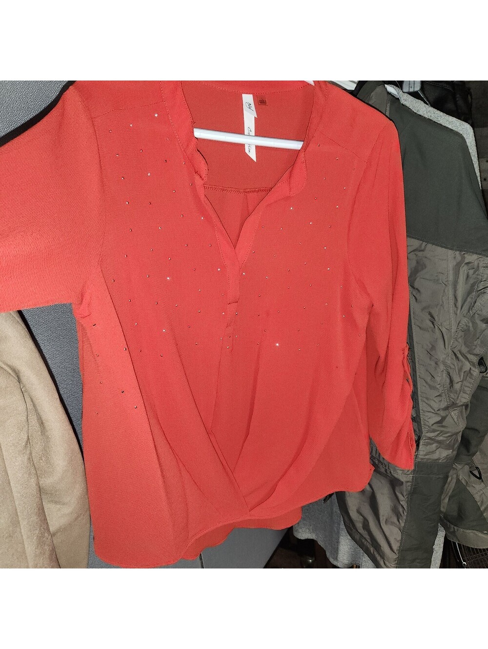NY Collection Women's Dark Orange 3/4 Sleeve Mandarin Collar Blouse Top Size L